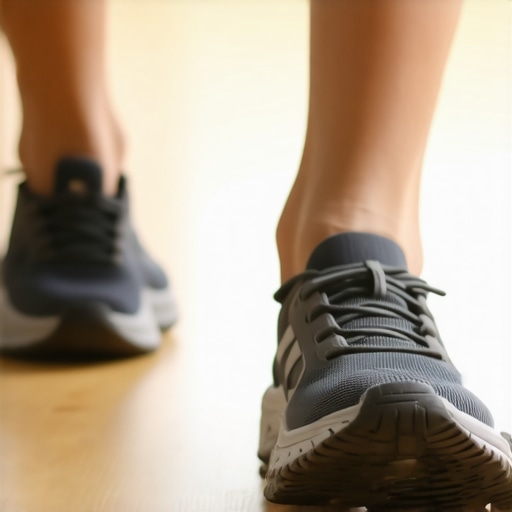 Pair of athletic shoes with orthotic insoles highlighting proper arch support, on wooden floor.