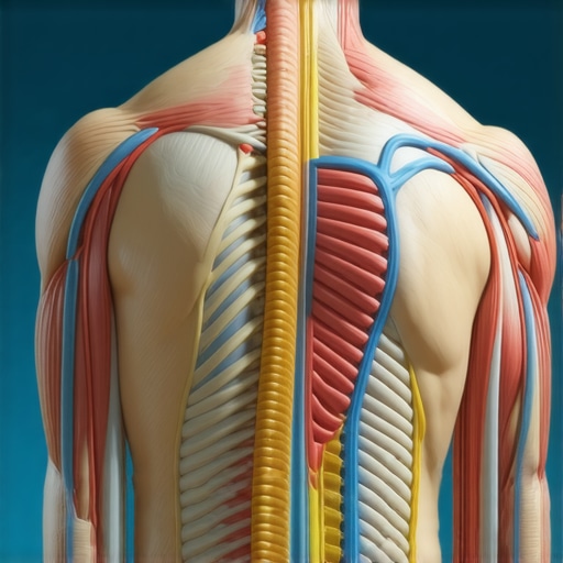 Illustration of spinal neural pathways and muscle groups affecting pain and mobility.