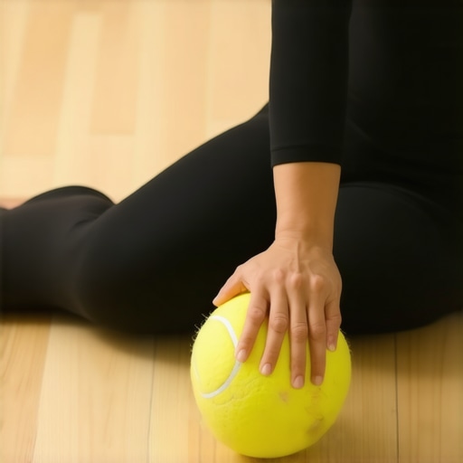 Person using a tennis ball on the floor to target glute trigger points.