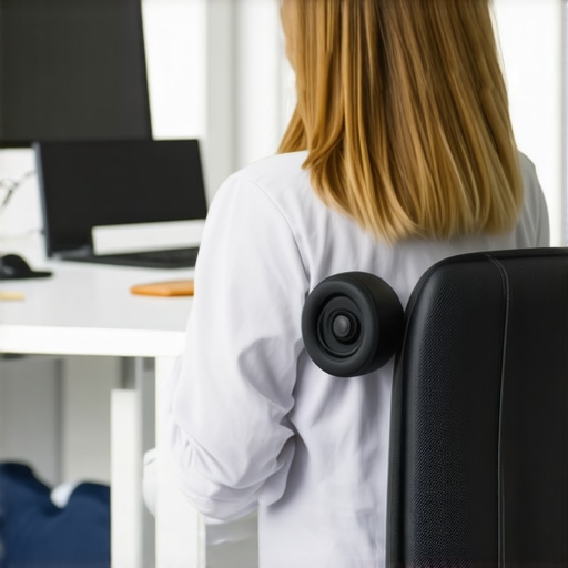 A person using a lumbar roll for spinal support while working at a desk