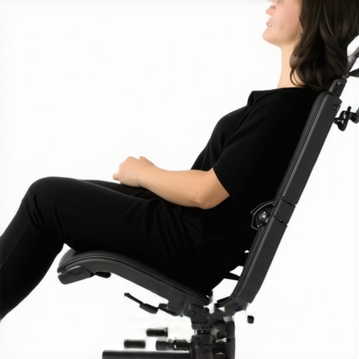 A person demonstrating a relaxed ergonomic seating position to reduce back pain pressure.