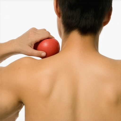 Person using a lacrosse ball against a wall for spinal maintenance and muscle release.