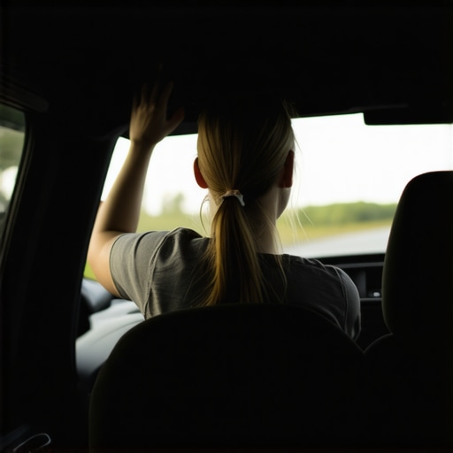 A person practicing the rearview mirror posture hack to maintain spine alignment while driving.