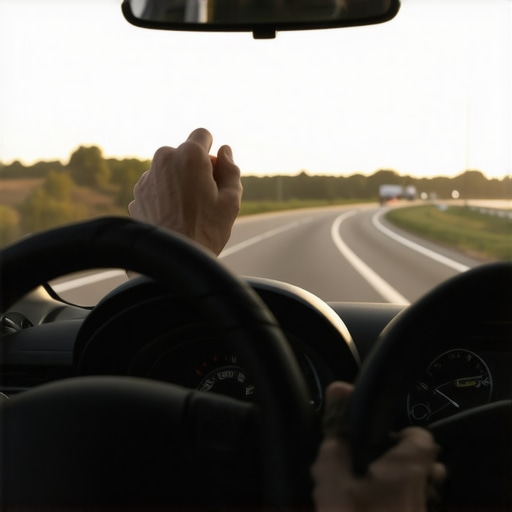 A driver's hand adjusting a car's rearview mirror to align with a tall, healthy spinal posture.