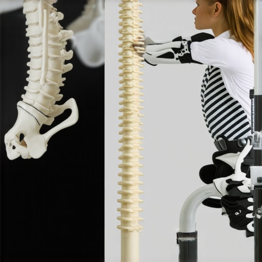 Anatomical spine model and person demonstrating proper hip hinge to avoid back pain.