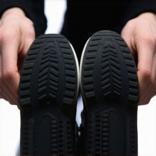 Close up of worn out sneaker soles showing uneven tread wear on the outer heels.