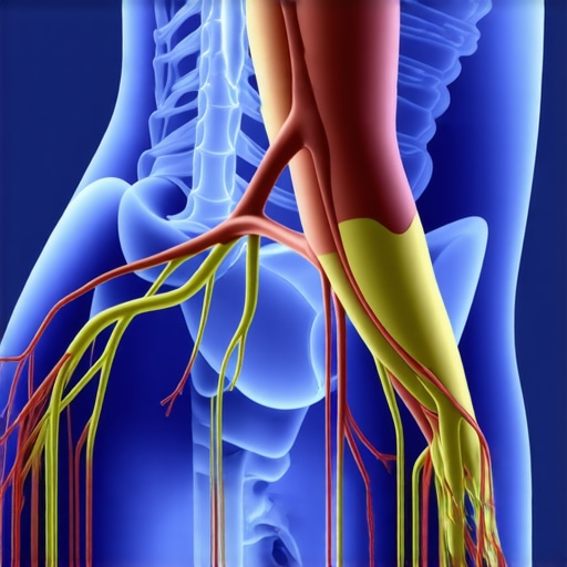 Diagram of the sciatic nerve path through the leg and hip