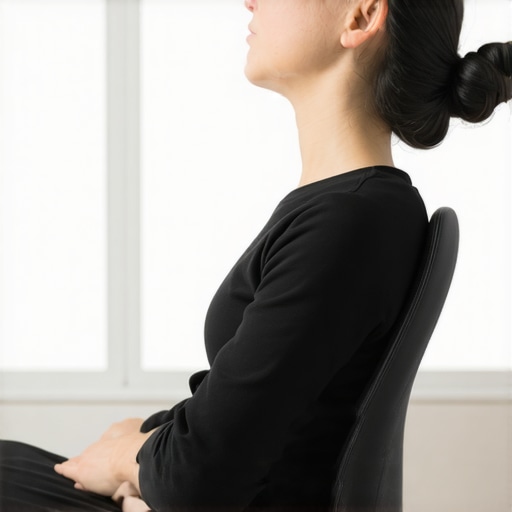 A side view of a person performing a chin tuck exercise at a desk to align the spine and reduce neck strain.