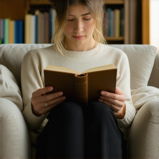 A reader demonstrating the use of a book stand and elbow pillows to maintain proper spinal alignment.