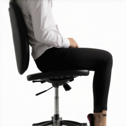 Side view of a person sitting in an office chair with proper hip and knee alignment for back health.