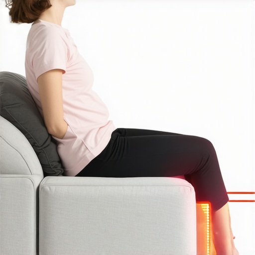 Illustration showing how to use lumbar support and a footstool on a couch to prevent back pain.