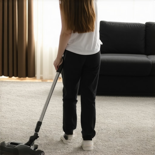 Person vacuuming with correct fencer's stance to prevent back pain
