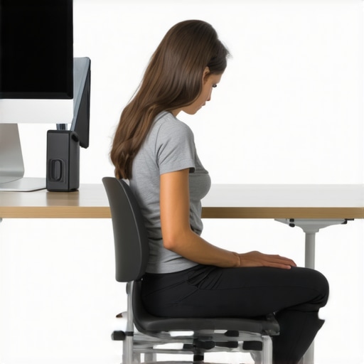 A person demonstrating the shoulder blade squeeze exercise at a desk to reduce tension headaches.