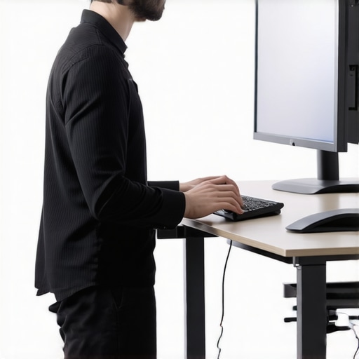 A man demonstrating proper posture at a standing desk with a monitor at eye level.