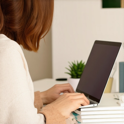 A side view of a person using a laptop raised on books to achieve eye-level screen height for better posture.