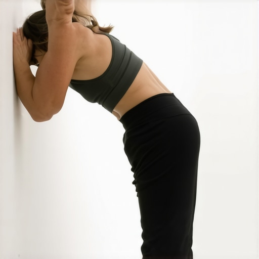 A person demonstrating the Wall Angel move to improve upper back mobility and neck health.