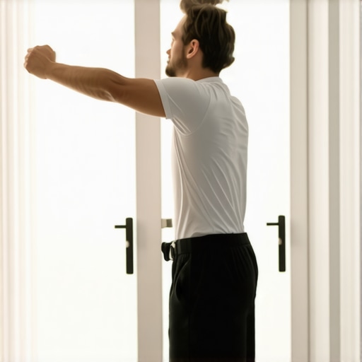 A person demonstrating the doorway stretch to relieve neck and shoulder tension.
