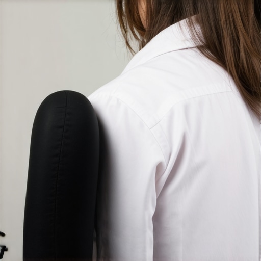 Close-up of a person using a lumbar roll in an office chair to maintain the natural curve of the lower back.