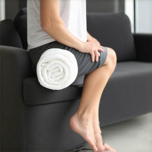 Person demonstrating ergonomic couch sitting with lumbar roll and footstool