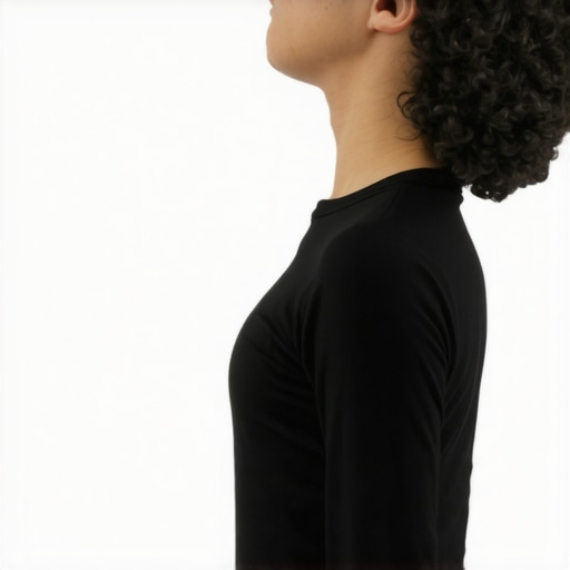 Person demonstrating a chin tuck exercise for neck hump correction