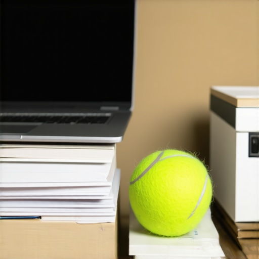 Laptop on books and a tennis ball on a wooden desk