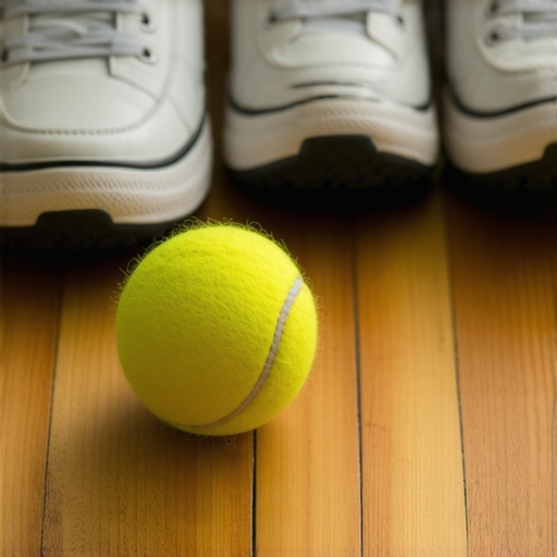 A tennis ball and sneakers on a wooden floor representing proactive back pain maintenance.