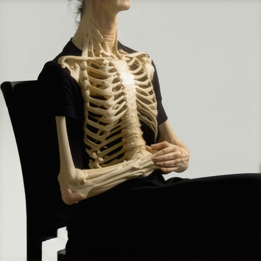 Person demonstrating how to knit the ribs down during a deep exhale to fix posture.