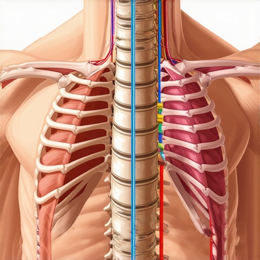 Anatomical diagram comparing healthy belly breathing with stressful chest breathing and its impact on neck tension.