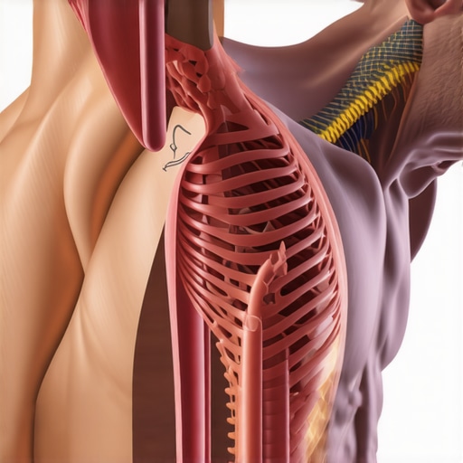 Anatomical illustration showing how deep breathing into the lower ribs helps stabilize the core and relieve lower back tension.