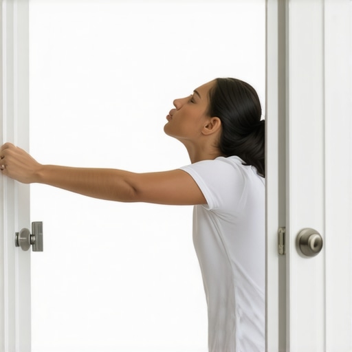 Person stretching their chest in a doorway to relieve neck heaviness and improve alignment.