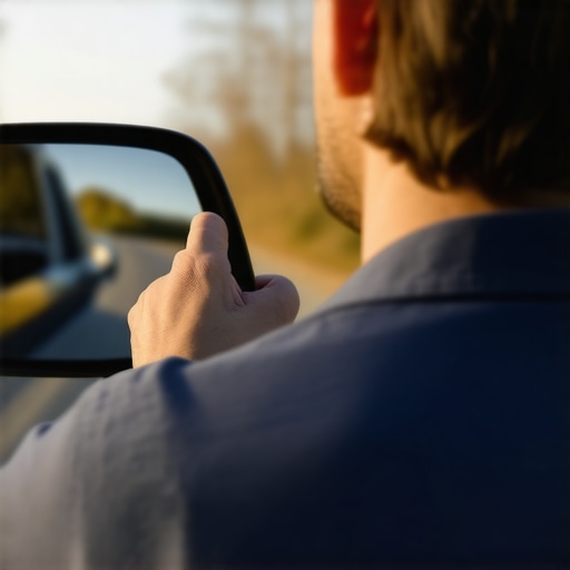 Close-up of a driver setting a car mirror to enforce an upright sitting position for spinal health.