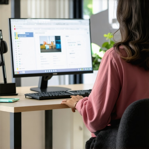 A person practicing micro-breaks and proper monitor alignment at a desk to prevent back pain.