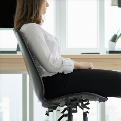 A person practicing relaxed dynamic sitting at a desk to reduce back stiffness.