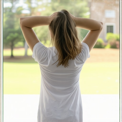 A person taking a micro-break looking out a window to relieve digital eye strain and neck pain.