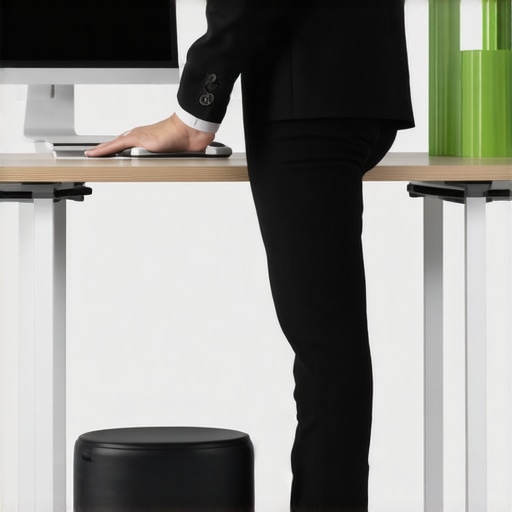 A person using a footstool at a standing desk to reduce lower back strain.