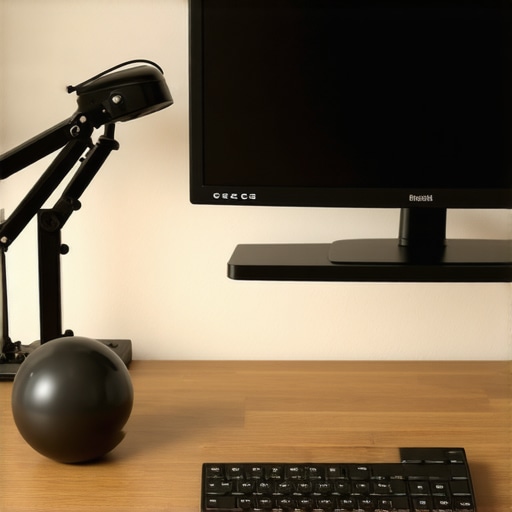 An ergonomic desk setup with a monitor arm and massage ball for maintaining back health.