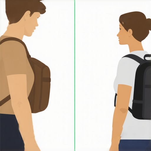 Comparison of poor shoulder alignment versus ergonomic backpack posture showing spinal health impact.