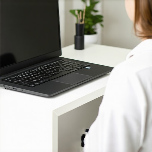 A person using an ergonomic laptop stand and separate keyboard to maintain neutral spine posture.