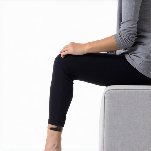 Person using a footstool while sitting on a sofa to maintain neutral spinal alignment.