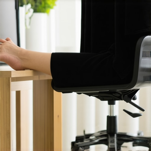 A side view showing how a footstool elevates the knees above the hips to relieve lower back pressure while sitting.
