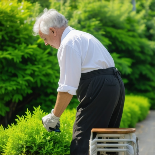 Ergonomic Gardening Posture A person practicing proper hip-hinge posture while gardening on a low stool to protect their back.