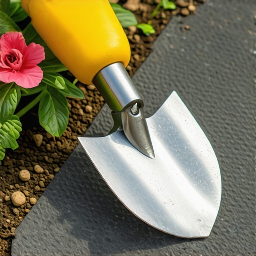 An ergonomic garden trowel with a curved handle to prevent wrist and neck strain while gardening.
