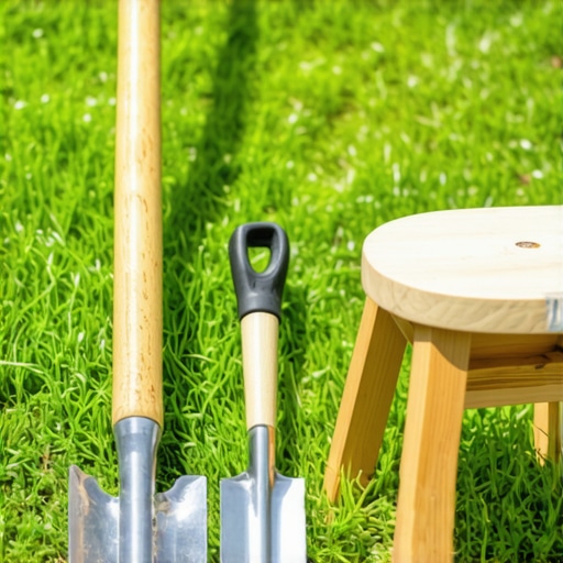 Ergonomic Gardening Tools for Back Health A collection of long-handled gardening tools and a padded kneeler stool sitting in a garden.