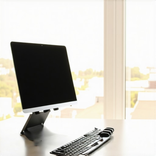 A laptop stand and external keyboard setup used to prevent upper back and neck pain.