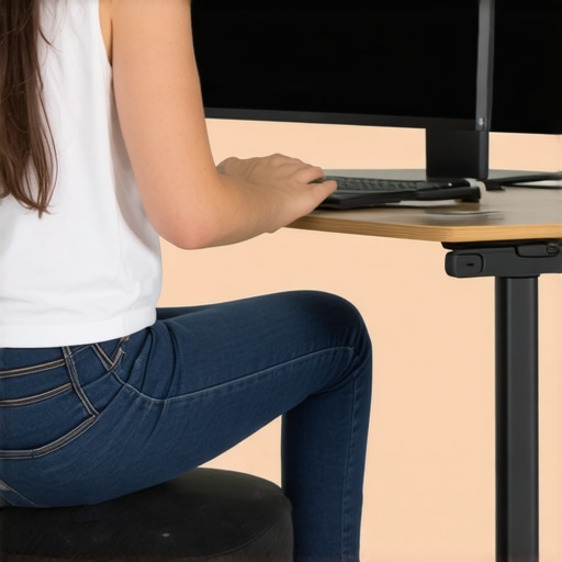 A person using a footstool and laptop stand to maintain proper rib cage alignment and reduce back pain.