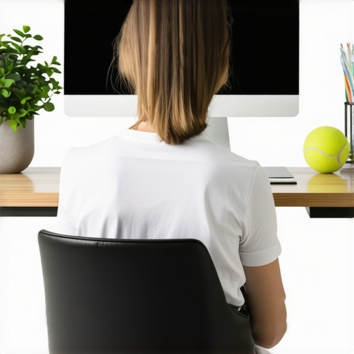 A person demonstrating proper ergonomic desk setup with a laptop stand and lumbar support.