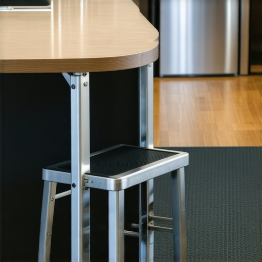 Professional ergonomic kitchen setup with wide step stool and anti-fatigue mat