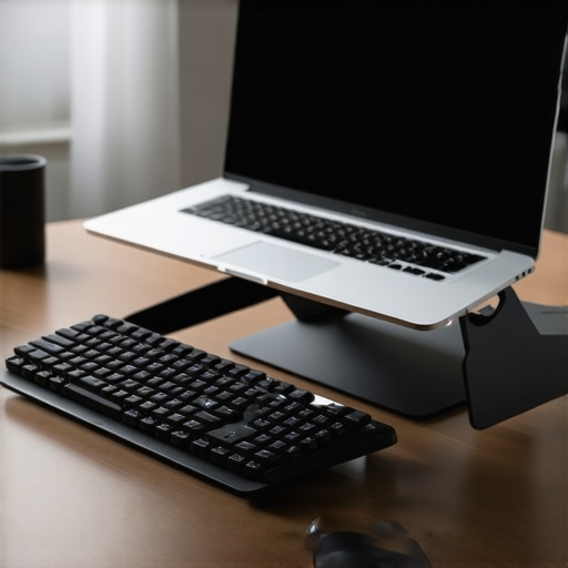 A laptop on a riser at eye level with an external keyboard to prevent neck pain.