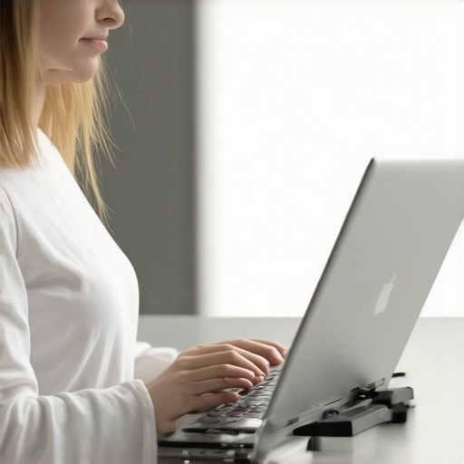 A person using an ergonomic laptop riser to prevent neck pain while sitting at a desk.