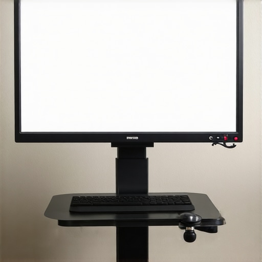 A computer monitor raised on a stand to eye level for better neck posture.